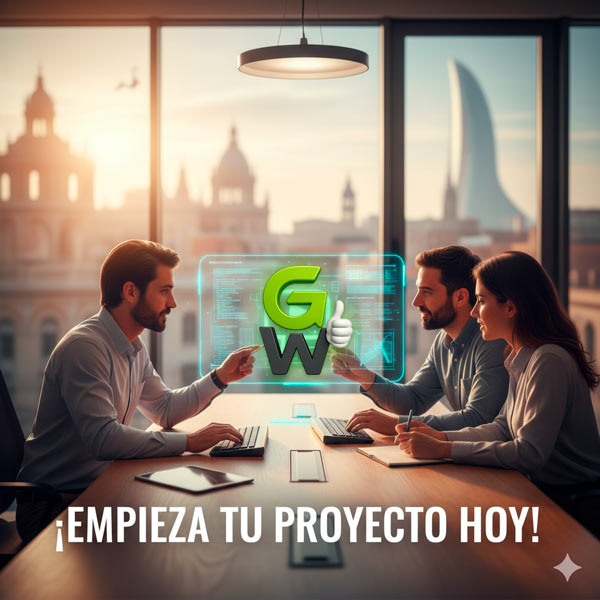 Imagen de empleado de gráfico y web valencia con 2 clientes viendo el logo de gráfico y web en la pantalla