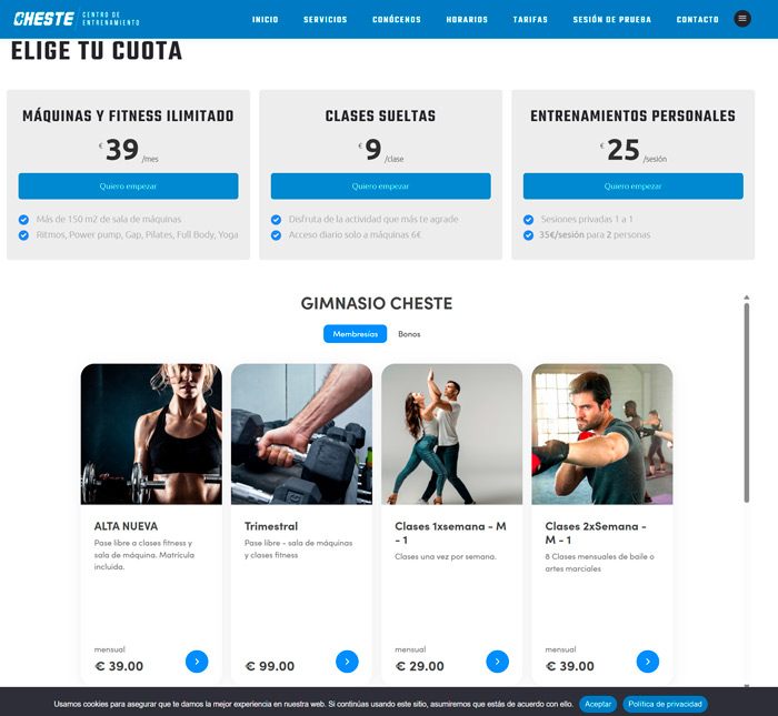 Tarifas Gimnasiocheste.es